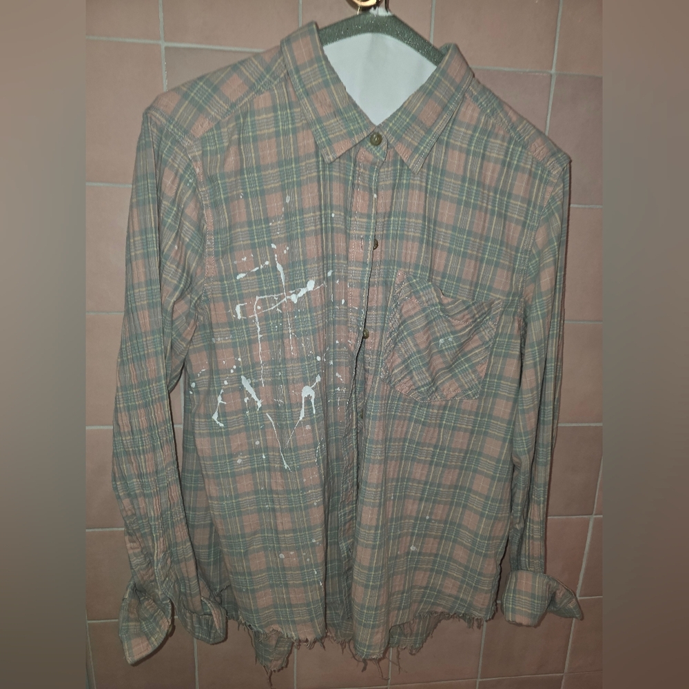Current/Elliott Plaid Button-Down Shirt - Green and Pink With Paint Splatter